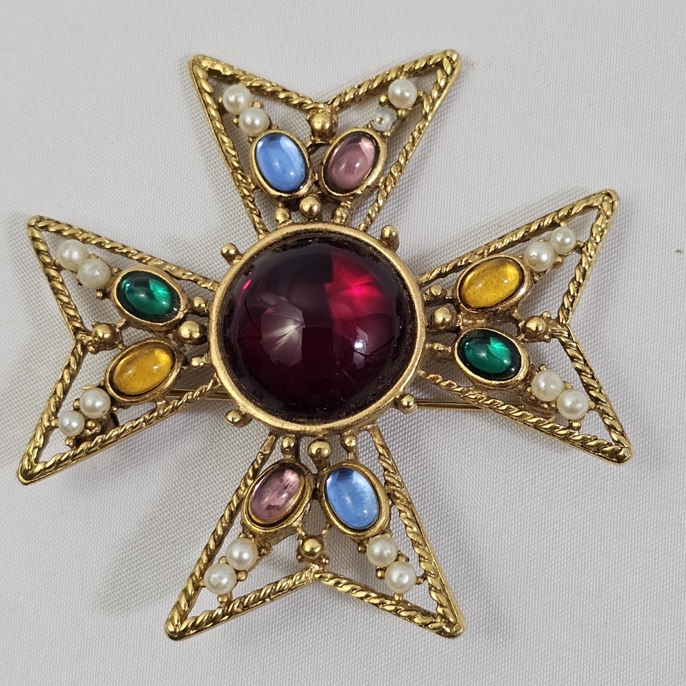 Vintage Maltese Cross Brooch Pin PEP Erwin Pearl Faux Cobachon Rhinestones